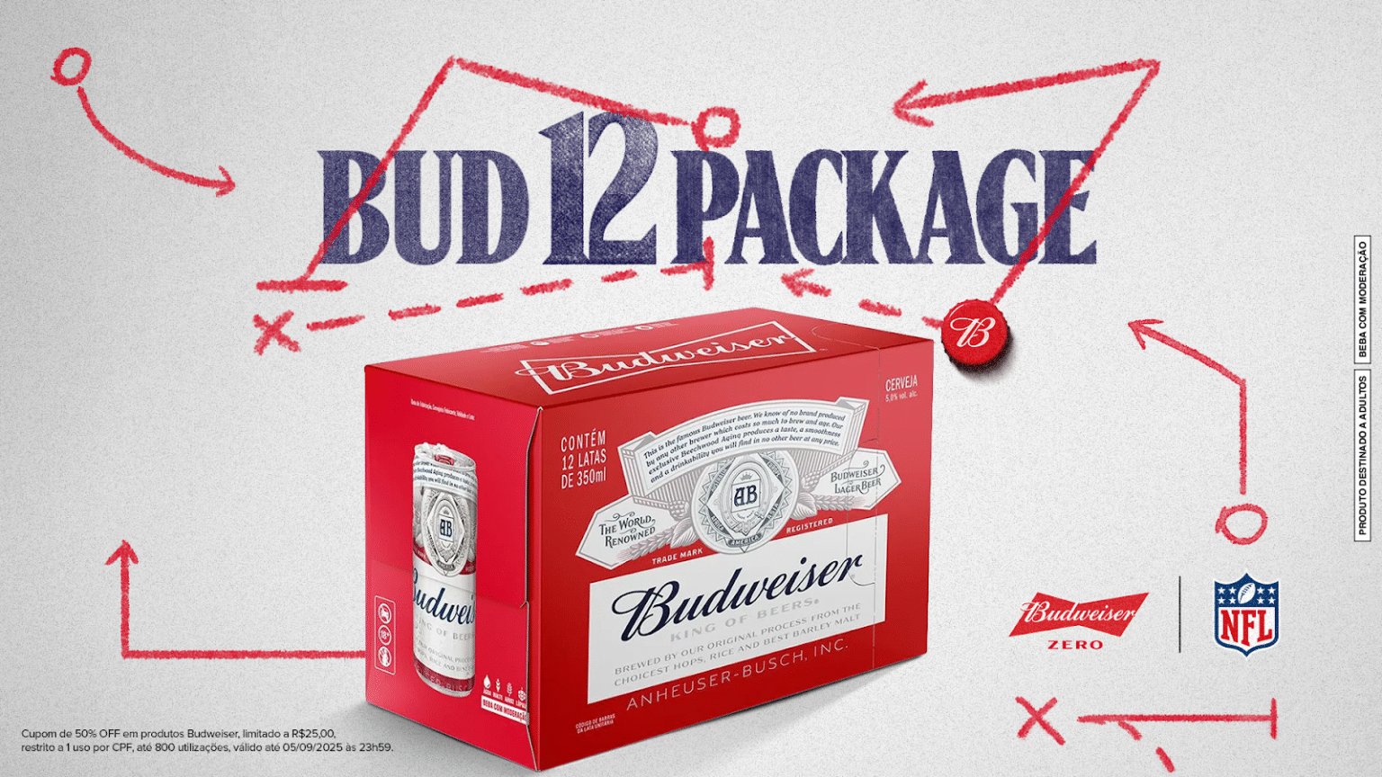 Budweiser ativa jogada icônica da NFL para liberar 50% de desconto em Bud e Bud Zero pelo Zé Delivery durante Chiefs x Chargers.