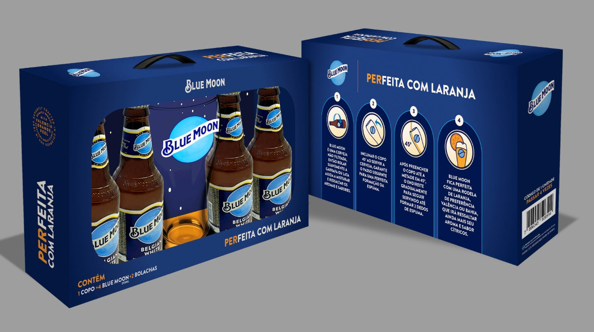 Blue Moon lança gift pack com quatro long necks, copo exclusivo e porta-copos, permitindo recriar em casa o ritual “Perfeita com Laranja”.