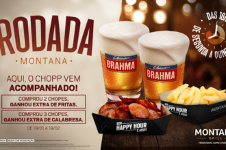 Montana Grill lança Rodada Montana. Na compra de 2 ou 3 chopes, clientes ganham fritas ou calabresa.