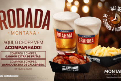 Montana Grill lança Rodada Montana. Na compra de 2 ou 3 chopes, clientes ganham fritas ou calabresa.