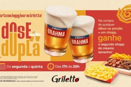 Griletto promove happy hour com chopp em dobro de 12 a 29 de janeiro, de segunda a quinta, das 17h às 20h.